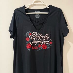 Beautiful Disaster 'Perfectly Imperfect' Black Tee with Red Rose Graphic